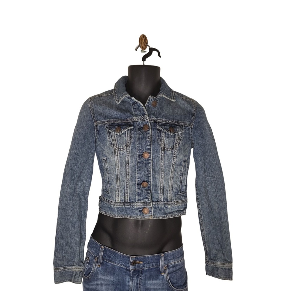 American Eagle Womens XS Cropped Blue Denim Jacket Button Up Medium Wash
